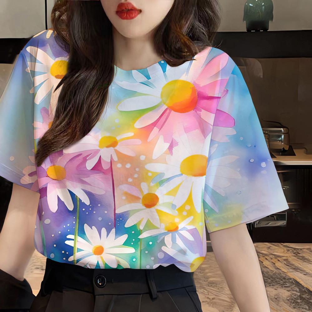 Women's clothing floral pattern T-shirt top printed T-shirt short sleeved casual streetwear women's oversized T-shirt