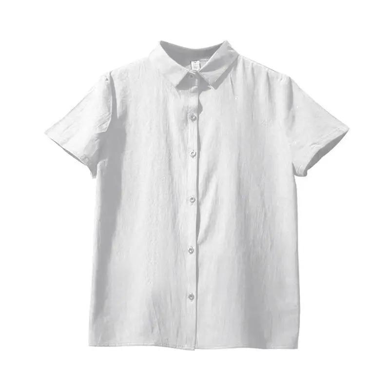 Women Point Collar Full Button Short Sleeve Solid Linen Casual Blouse