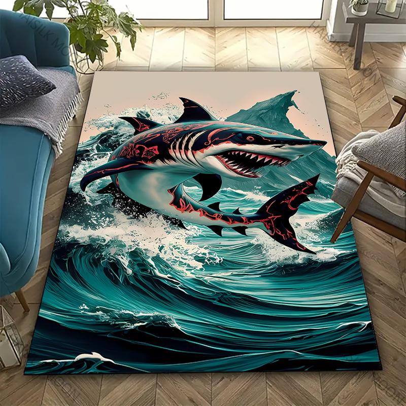 3D Shark Theme Printed Carpet Edgy Nautical Horror Statement Rug for Living Rooms Bedrooms, Office Areas, Durable Washable Mats