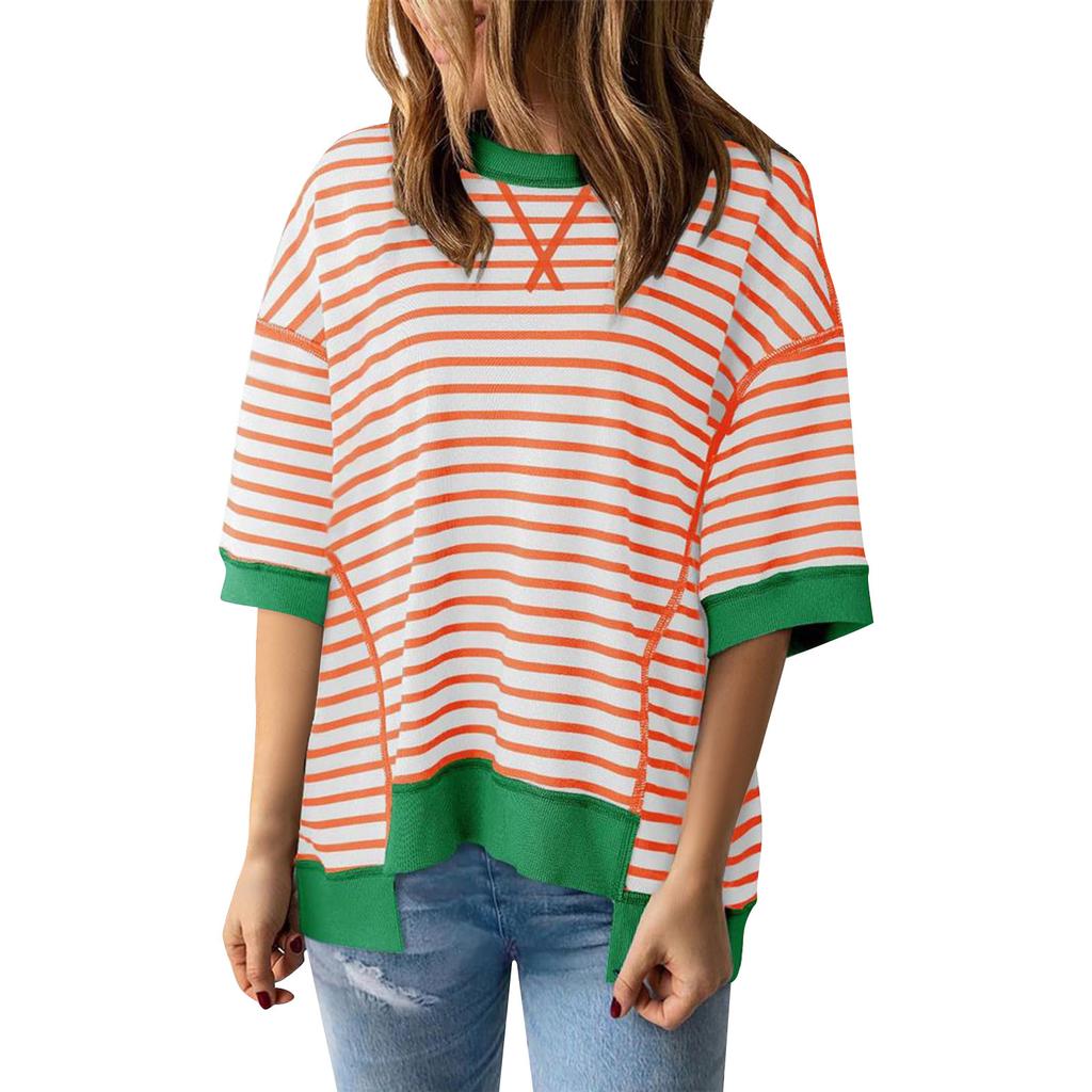 Женский полосатый цветной дизайн с заниженными плечами, пуловер с короткими рукавами, женский топ