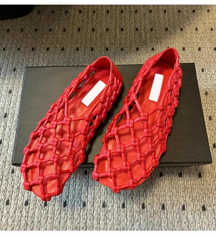 Sheepskin version~ 2025 new handwoven Mary Jane shoes hollow round head flat sole shoes women's ballet sandals