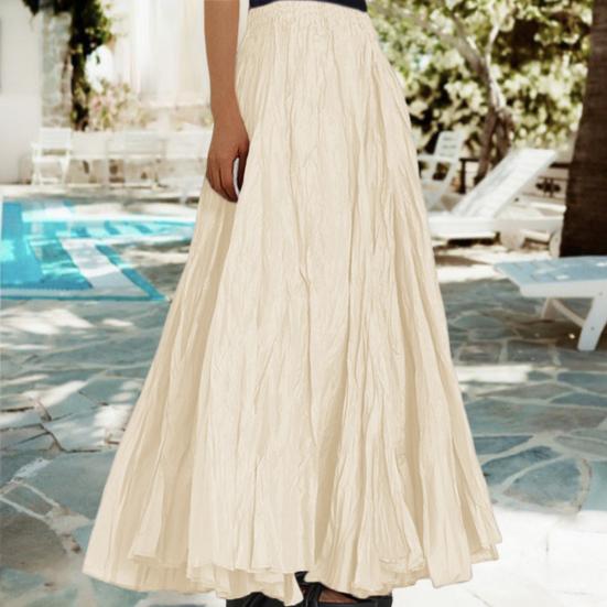 Women Skirt Elastic High Waist Pleated Maxi Skirt Solid Color A-Line Ankle-Length Skirt Large Hem Long Skirt Work Leisure Wear