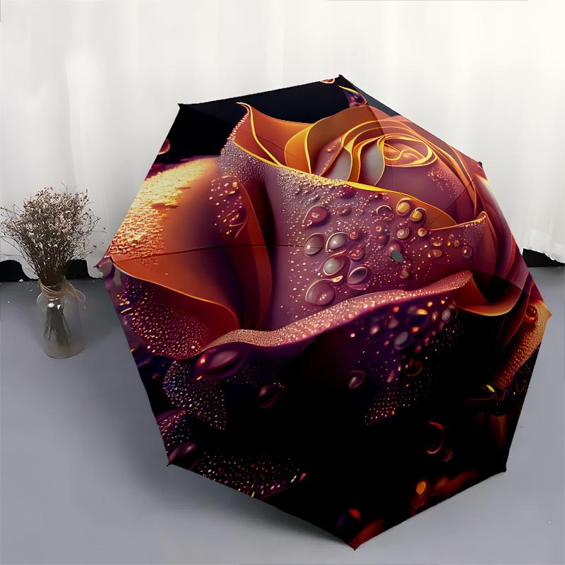 Rose, Waterdrops Theme 8 Bone Hand Automatic Folding Umbrella, Compact and Portable Design, A Perfect Gift for Birthday, Christmas or Busine