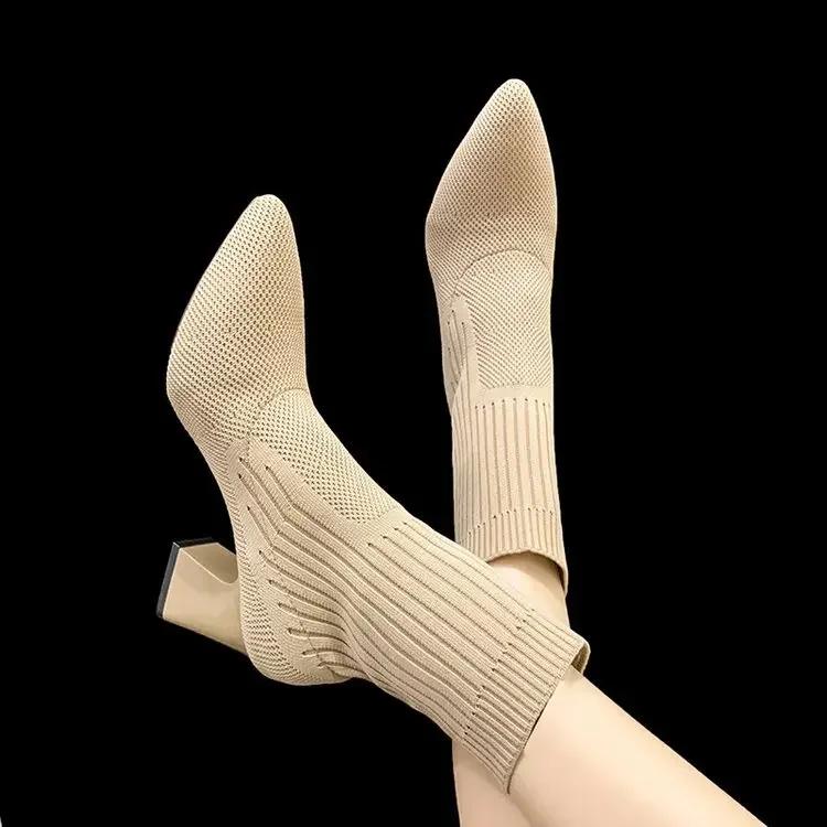 Модные женские вязаные ботильоны женские повседневные туфли на квадратном каблуке женские уличные туфли женские повседневные ботинки челси 2024