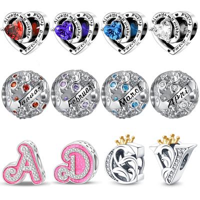 925 Silver 1-12 Month Heart-shaped Ballpoint Series Beads Charms Pendent Fit Necklace Bracelet Women DIY Gifts