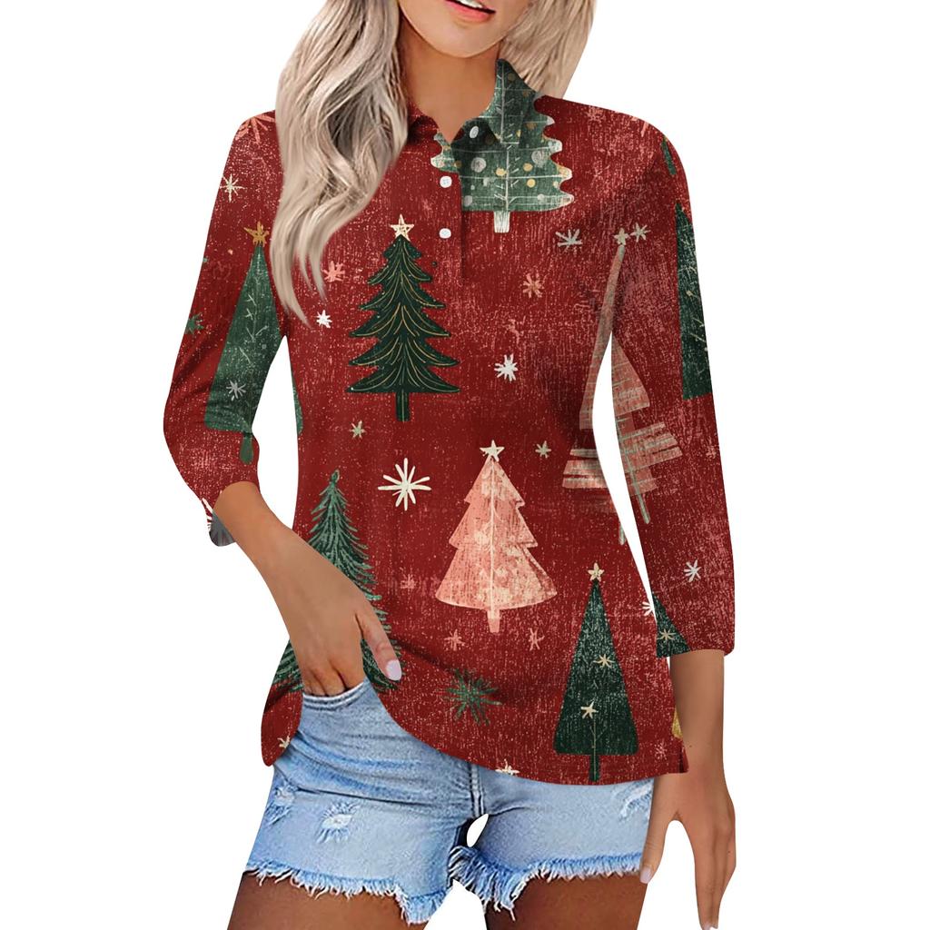 Women's Fashion Casual Lapel Short 3/4 Sleeve Christmas Print Shirt Women's Button Up Tops