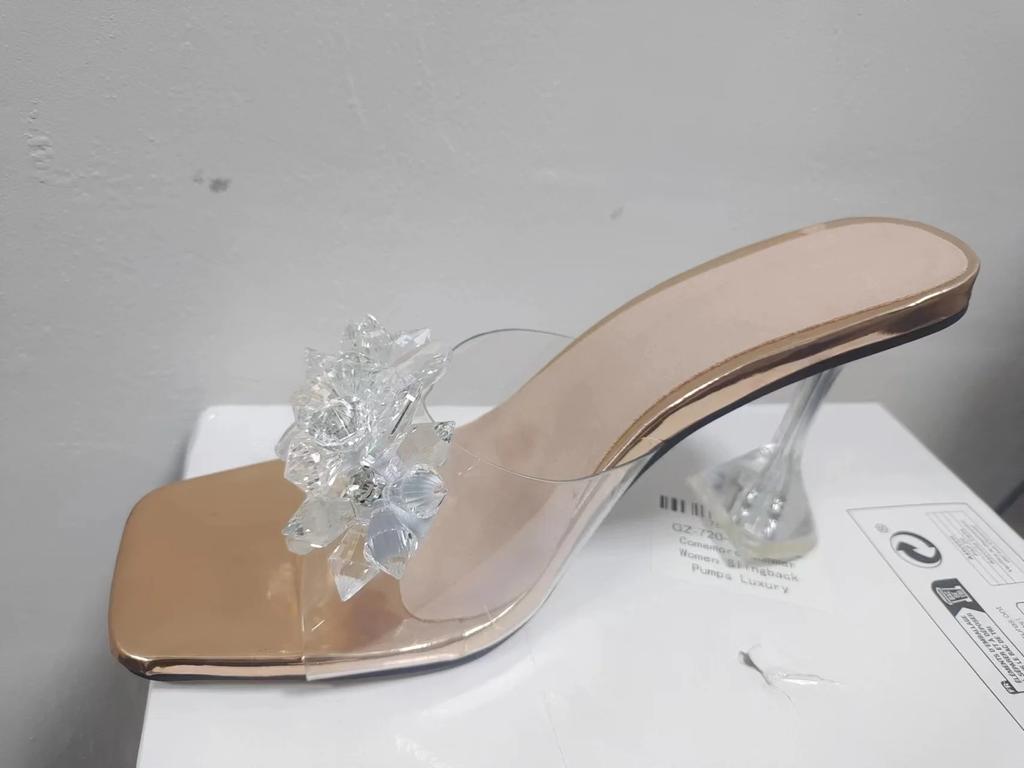 Fashion Comemore Summer Women Slingback Pumps Luxury Transparent High Heels Sandals Sexy Square Toe Mules Slippers Party Fashion Shoes