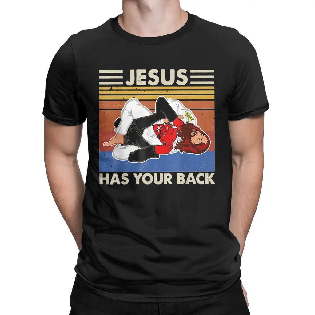 Men Jiu Jitsu Jesus Has Your Back M.M.A Brazilian T Shirts 100% Cotton Tops Vintage Short Sleeve Crew Neck Tees Party T-Shirt