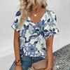 2024 женская футболка с v-образным вырезом в стиле ретро, ​​футболка с цветочным принтом кешью, летняя модная популярная футболка с короткими рукавами для отдыха