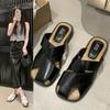 Breathable slippers women's summer wear half bag head cool slippers lazy soft knock good wear leather surface hollow non-slip black
