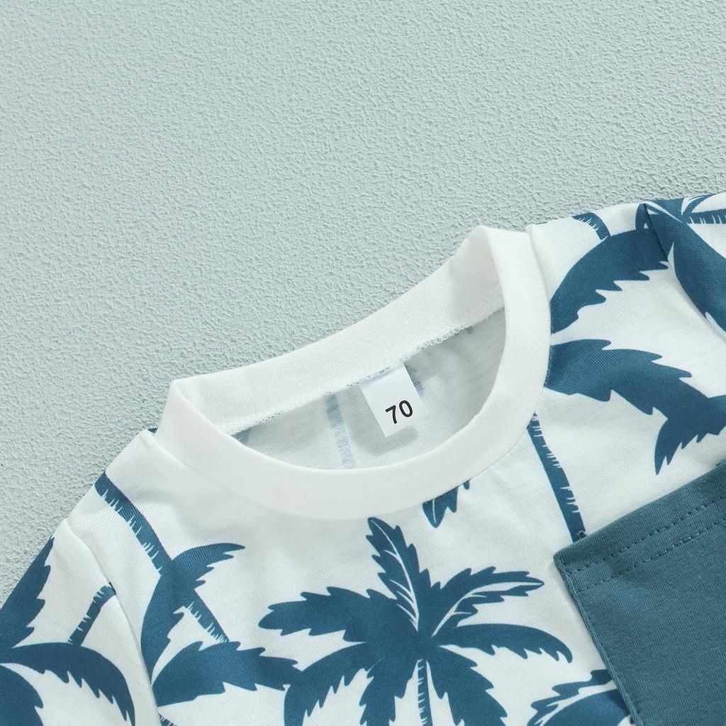 Летняя одежда для маленьких мальчиков, костюмы в пляжном стиле, футболки с круглым вырезом и принтом дерева с короткими рукавами и шорты с эластичной резинкой на талии, комплект из 2 предметов