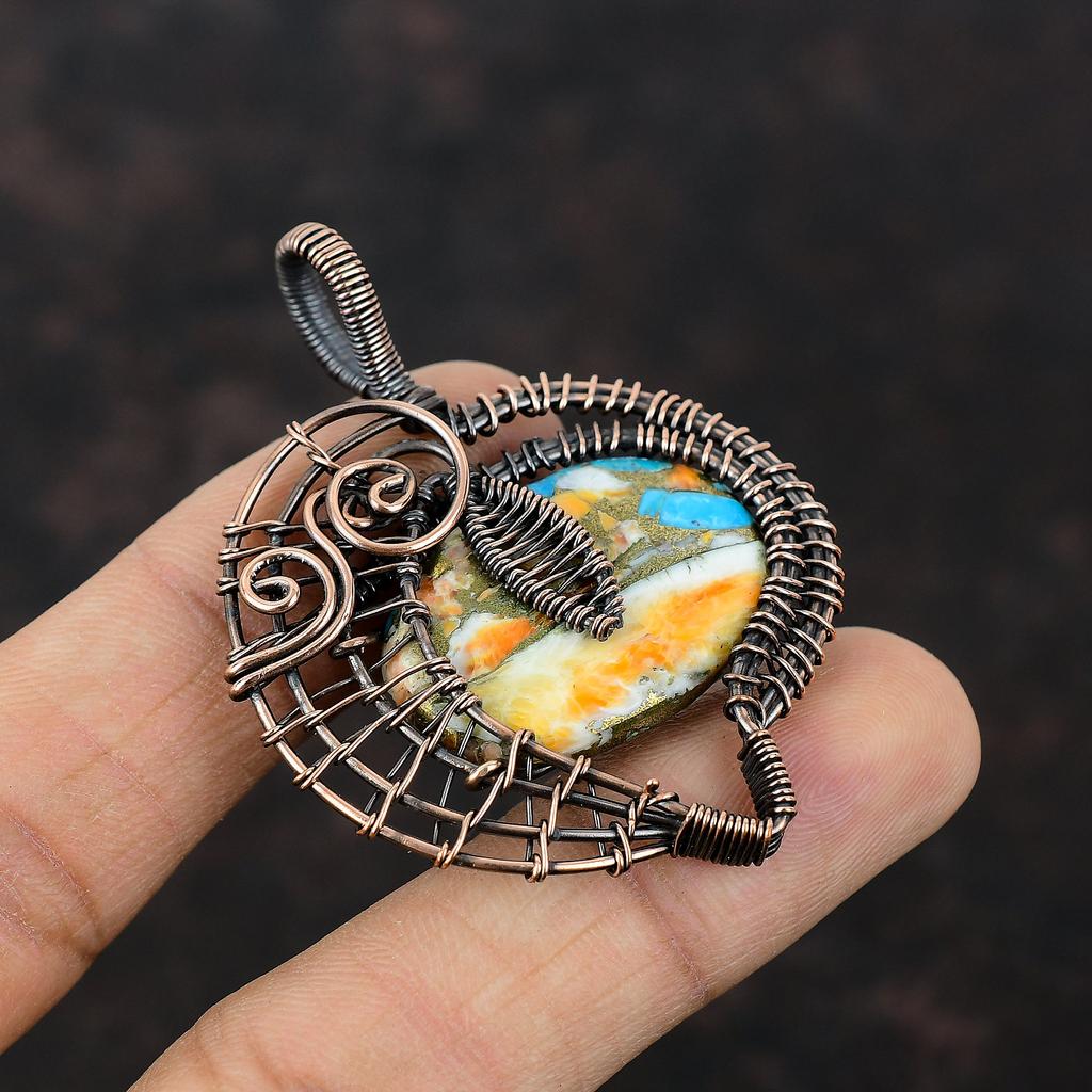 Подвеска из колючей устрицы и медной бирюзы, обернутая медной проволокой, украшения из натуральных драгоценных камней, подвеска ручной работы, украшения из медной проволоки, подарок для него