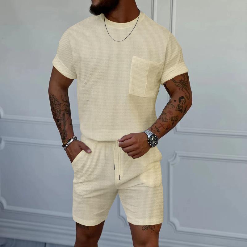 Летний тренд, вафельные шорты с круглым вырезом и карманами, с короткими рукавами, повседневный спортивный костюм для мужчин