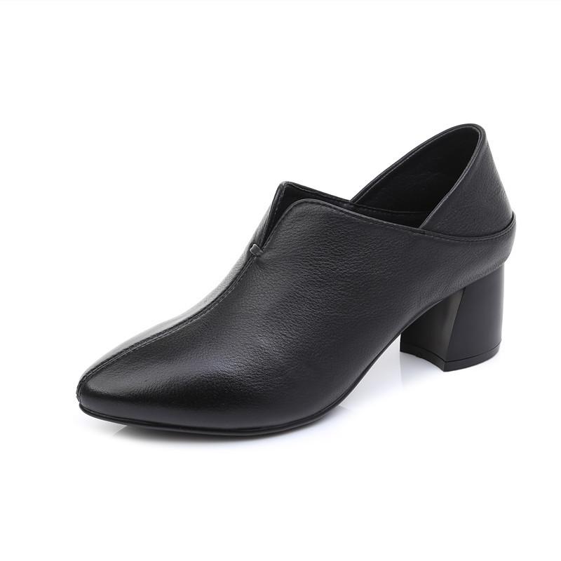Натуральная кожа толстые каблуки глубокий носок одинарные туфли женские новые весна и осень новые женские туфли коровья кожа высокие каблуки
