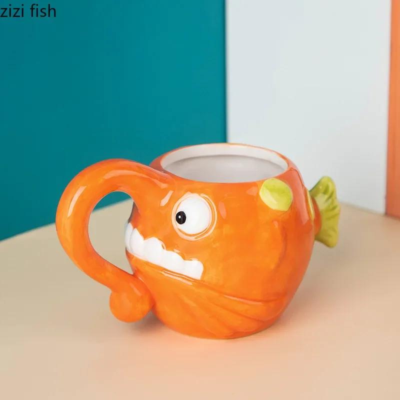 Cartoon Ocean Animal Water Cup Lantern Fish Ceramic Mug Coffee Cups Large Capacity Breakfast Cups Milk Tea Cup Flowerpot Tea Mug