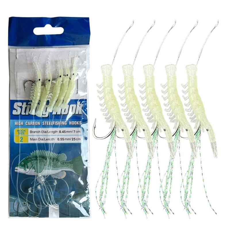 5 Pack Fishing Lures Rig Shrimp Baits Glow Fishing Rigs Shrimp String Hook Fishing Baits for Saltwater Fishing