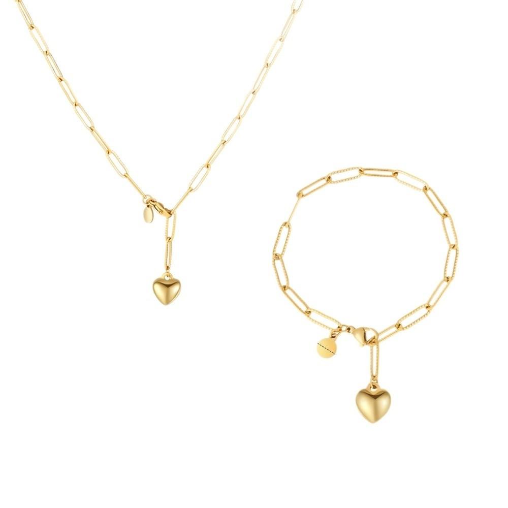 2-Piece Necklace Bracelet Set Gold Heart Pendant Necklace Set New Paperclip Chain Set For Women