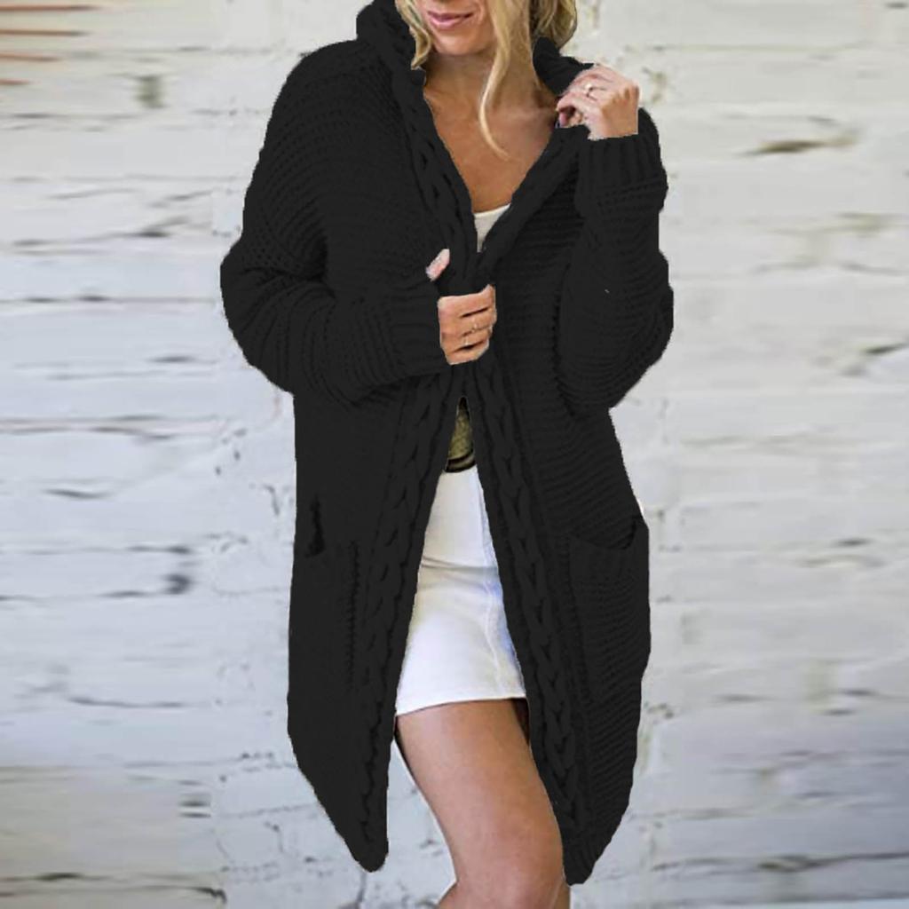Женский осенне-зимний однотонный свободный вязаный свитер с карманом и капюшоном