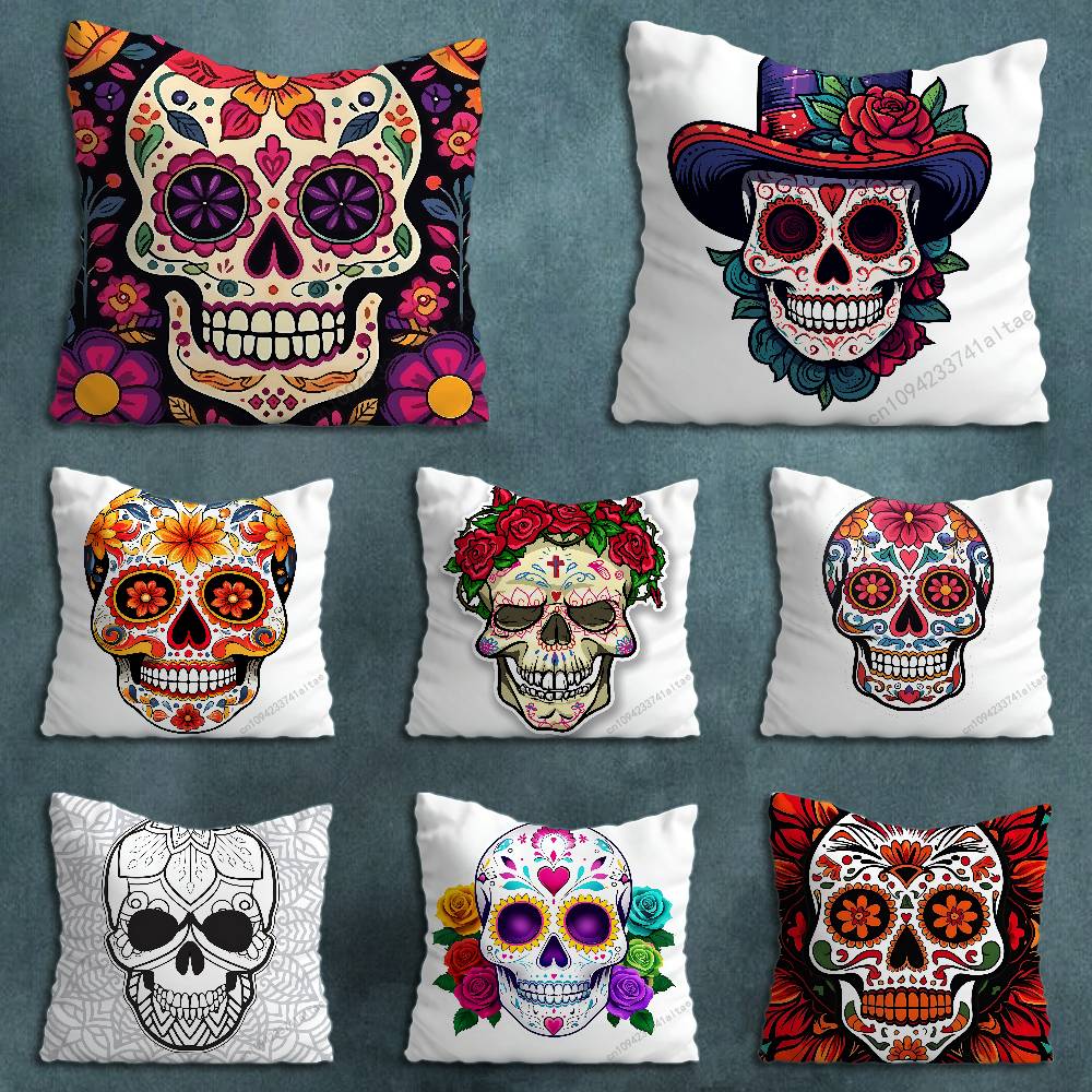 Day of the Dead Sugar Skulls Throw Pillow Case Living Room Sofa Cushion Cover For Home Bedroom Decoration Protector