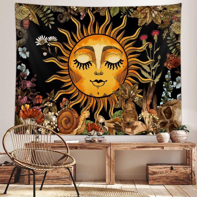 Burning Sun Tapestry Vintage Floral Psychedelic Mushroom Room Decor Aesthetic Plants And Leaves Tapestries Mystic Hippie Cloth