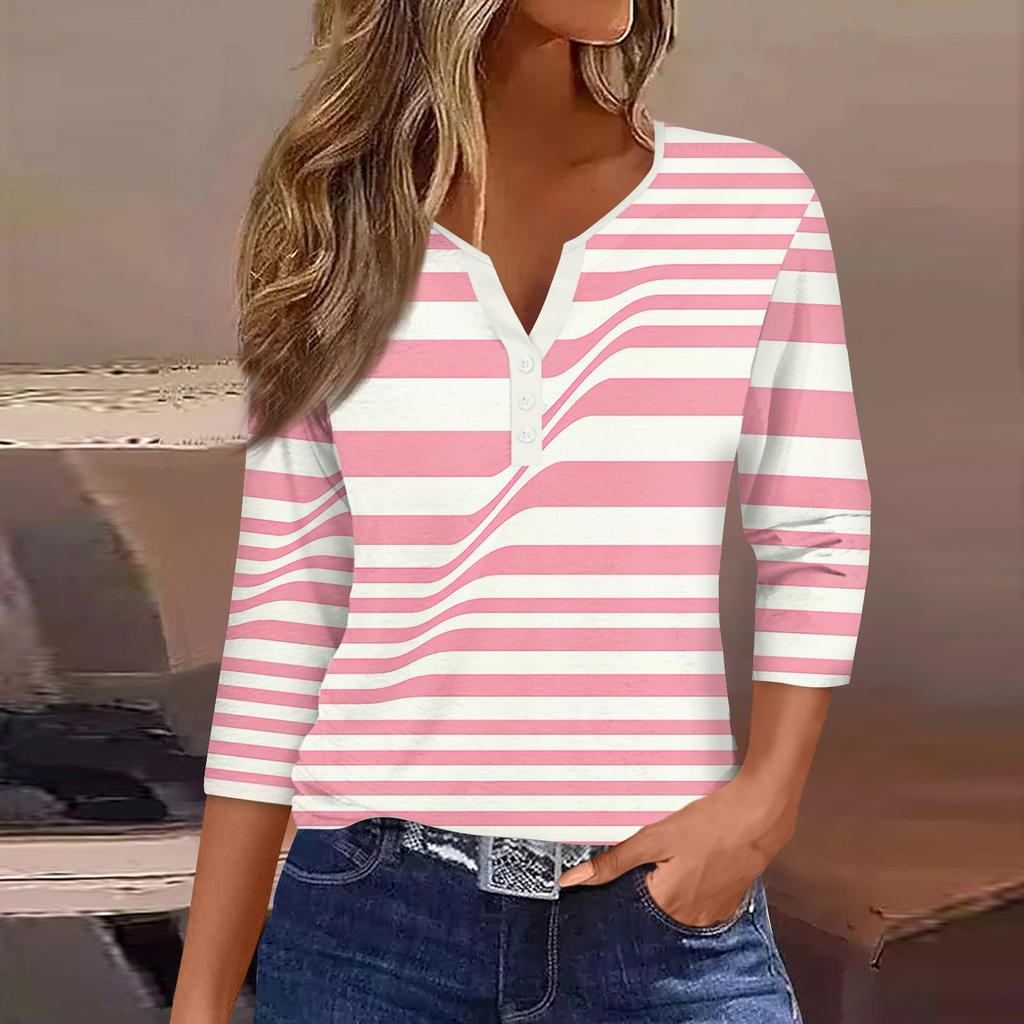 Women's Fashion Casual Striped Print V-Neck Decorative Button Three-quarter Sleeve T-Shirt Top