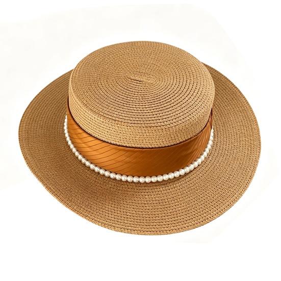 Women Sun Hat Breathable Wide Brim Flat Top French Style Straw Woven Hat with Ribbon Faux Pearls Decoration Summer Outdoor Hat