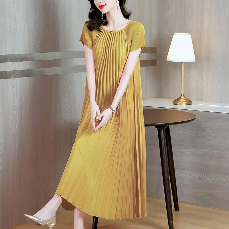 Женское повседневное летнее плиссированное платье с коротким рукавом и круглым вырезом