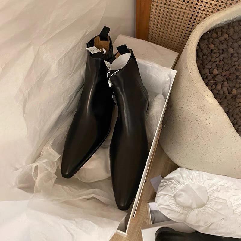 Винтажные кожаные нишевые остроносые челси женские осенне-зимние короткие ботинки на плоской подошве маленькие ботильоны ботинки мартин тонкие ботинки