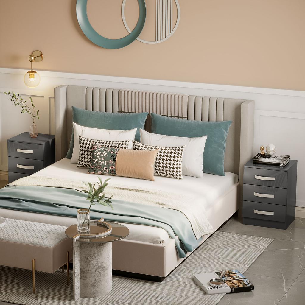 Set of 2 Modern Nightstands with 3 Drawers for Bedroom and Living Room in Particleboard, 40x36x56 cm, Grey