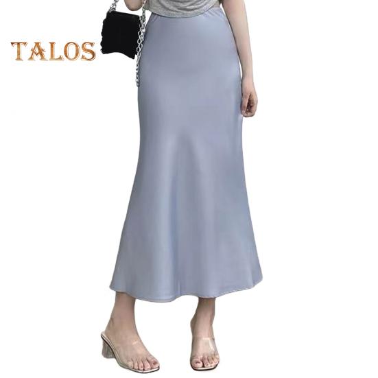 Women Fishtail Skirt High Waist Fishtail Hem Maxi Skirt Solid Color Retro Satin Texture Hip Wrapped Skirt