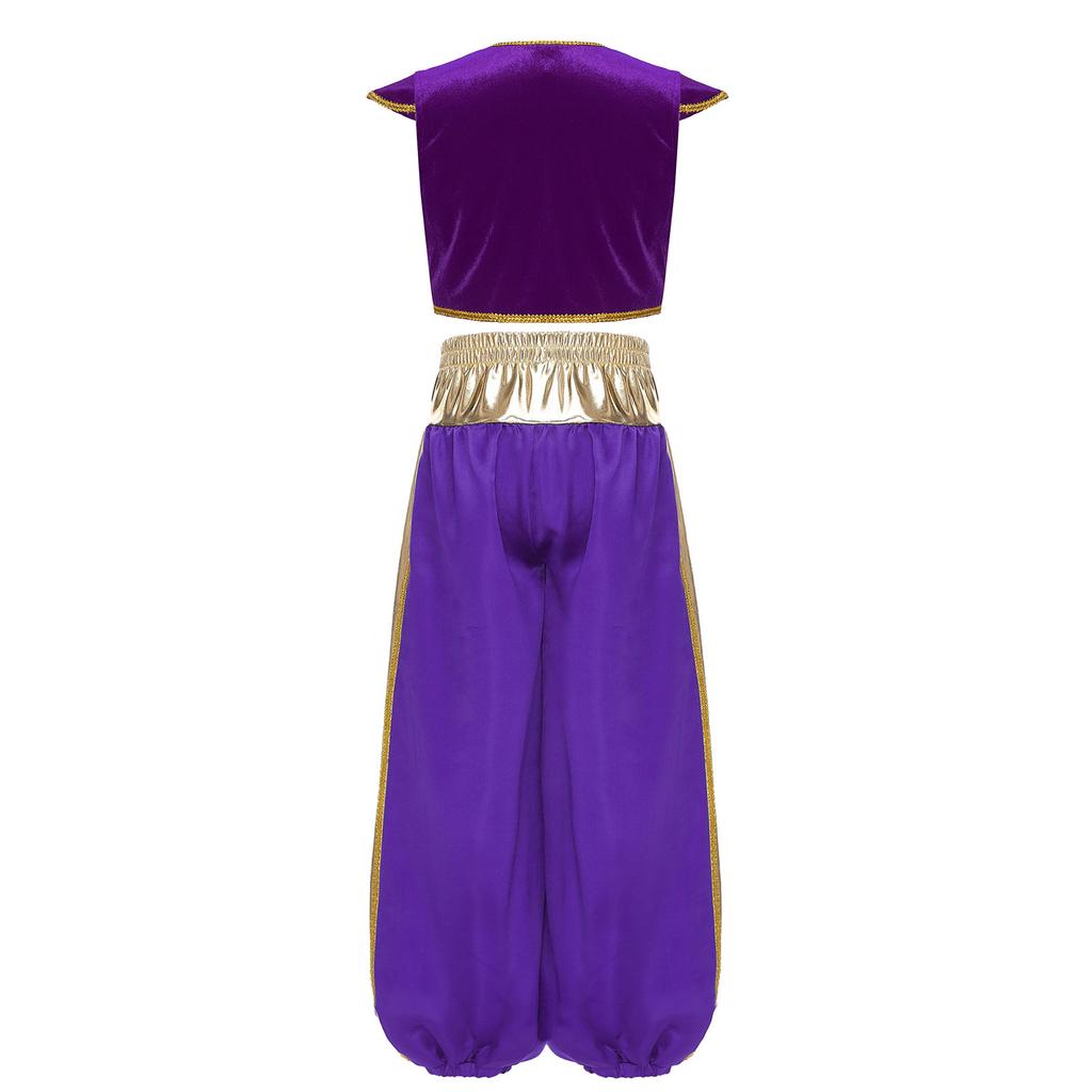 Boys Arabian Prince Costume Set Cap Sleeve Braided Vest Metallic Shiny Patchwork Contrast Color Bloom Pants