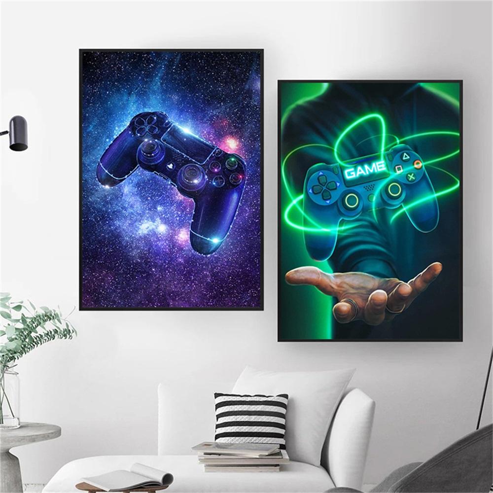 Рамка из цельного дерева, светодиодная игровая ручка, холст, картины, скандинавский геймер, абстрактные постеры и принты, настенная художественная картина для гостиной, комнаты подростка, украшение дома