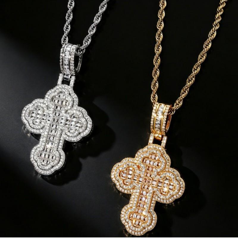 Hip Hop Cross Pendant Necklace With Zirconia Inlay Double Layer Twisted Chain Trendy Statement Jewelry