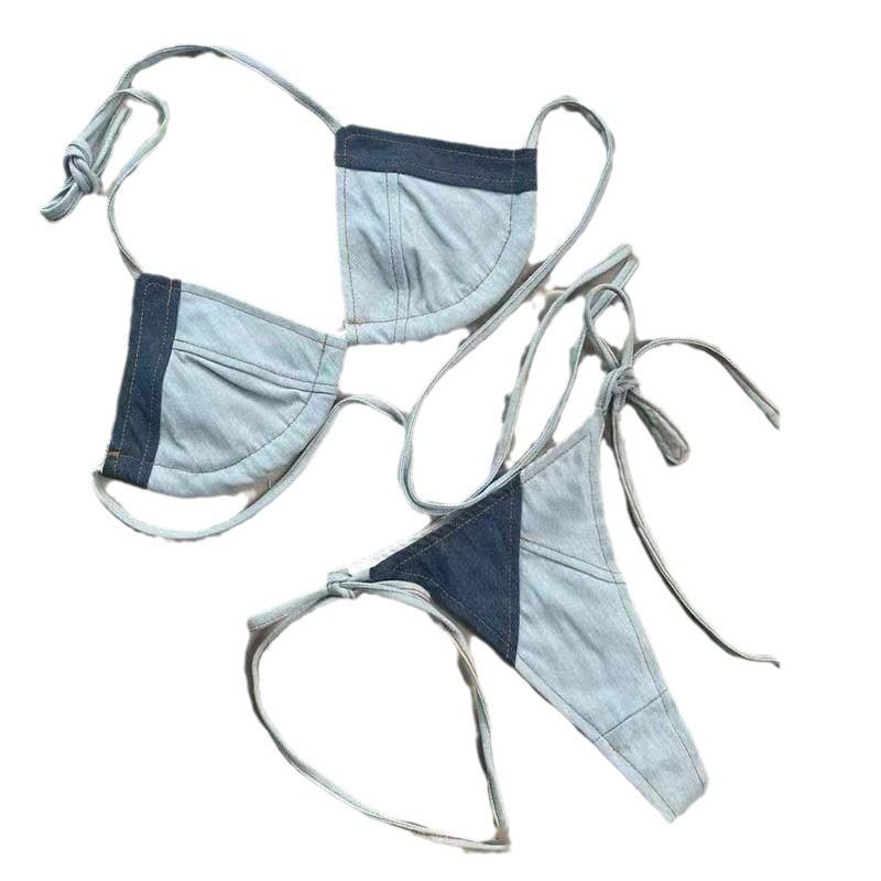 Internet celebrity denim bikini neck strap swimsuit women's vacation sweet and spicy overalls with high-end swimsuit