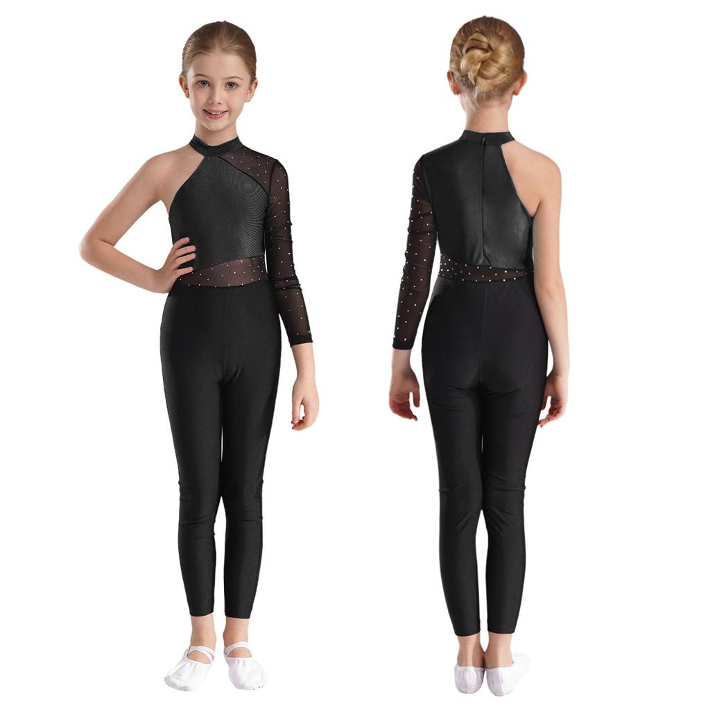 Girls One Mesh Sleeve Full Body Cover Jumpsuits Gymnastics Ballet Modern Dance Uniform Unitard Ice Skating Competition Costume