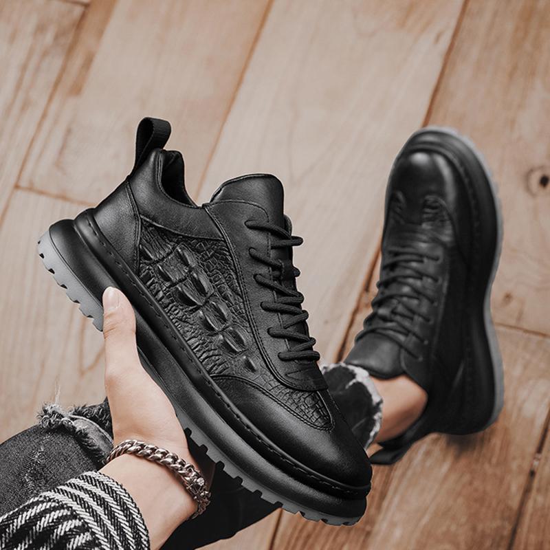 Fashion Men Faux Cowhide Crocodile Print Sneakers Casual Leather Shoes Men's Versatile Thick Soled Wear Resistant Shoes Men's Work Shoes
