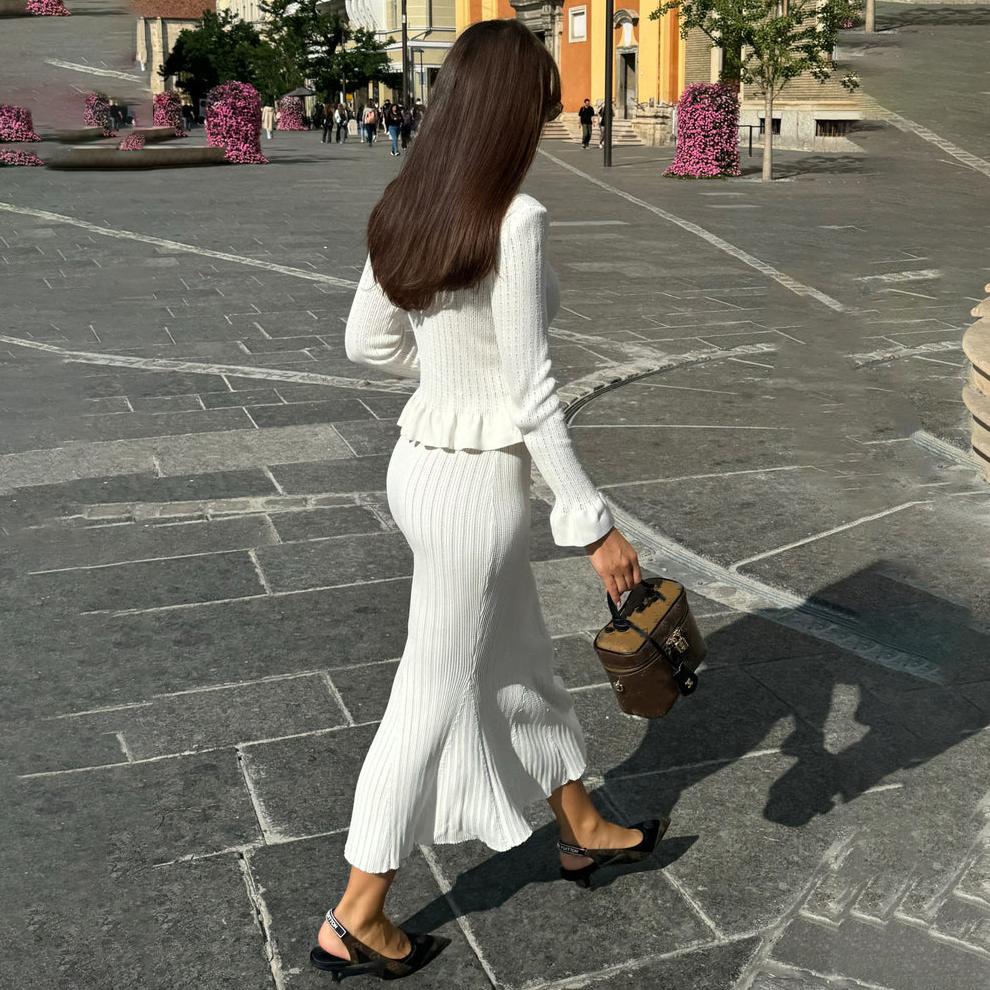 Ruffled Knitted Maxi Dress Women's Solid V-Neck Cutout Party Dress Elegant Patchwork Long Sleeve Female Knitwear Dress