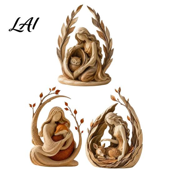 Resin Animal Sculpture Woodland Guardian Figurine Rustic Forest Woman with Fox Deer Owl Artistic Keepsake Boho Tabletop Ornament for Shelf