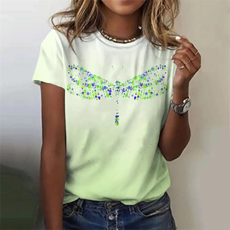 Летняя модная блузка, женская футболка с принтом стрекозы, топ с круглым вырезом и коротким рукавом, модная футболка, повседневная футболка, женская одежда