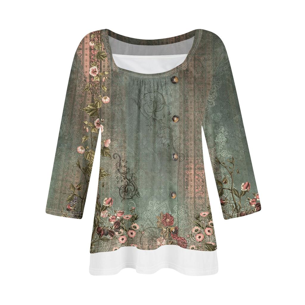 Women's T Shirt Tee Print 3/4 Sleeve Fake Two Pieces Daily Weekend Fashion Basic Regular Top