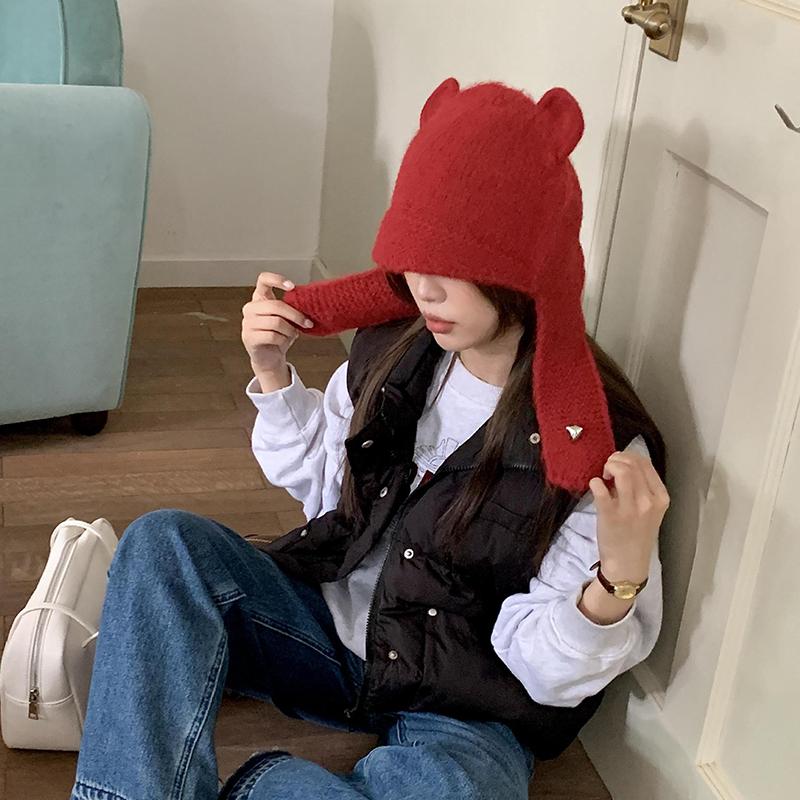 Женская зимняя японская симпатичная вязаная шапка-бомбер с ушками, круглая шапка с медвежьими ушками, защитные шапочки-бини