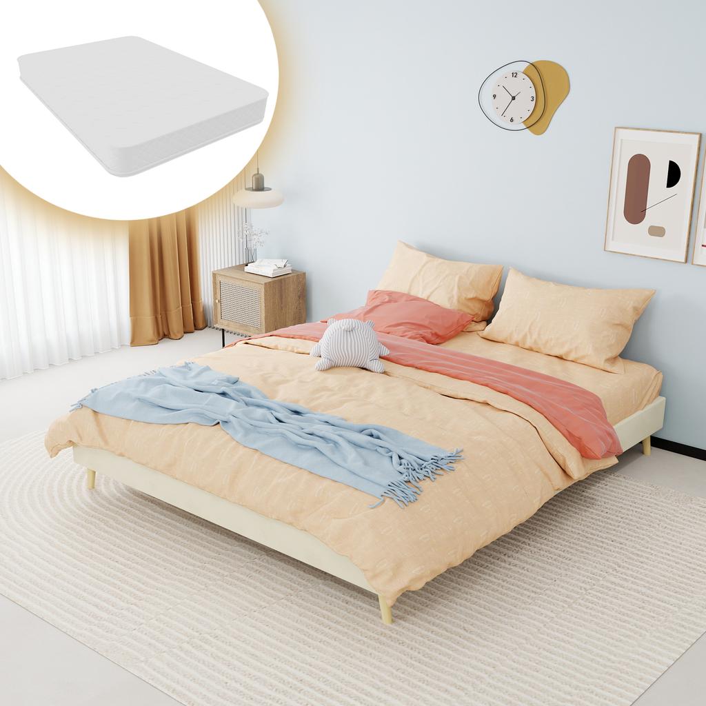 Modern minimalist bed frame, 160x200 cm, beige, Dutch velvet fabric. Does not include gas spring mechanism or headboard; includes mattress