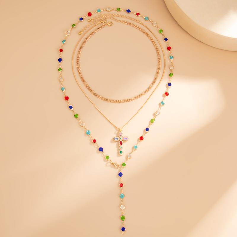 Fashionable Light Luxury Jesus Cross Pendant Necklace Set For Women Trendy Colorful Crystal Chain Choker Christian Jewelry Gift