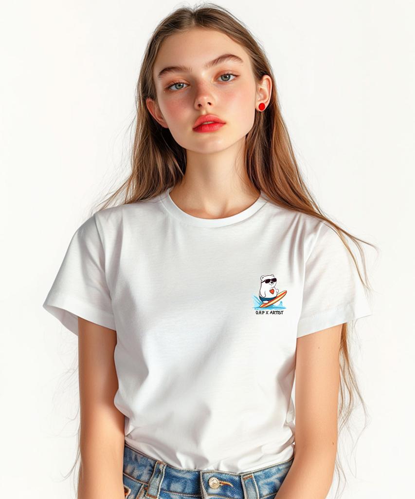 ONEHUNDREDPERCENT FOR WOMAN Ohpxharmonia Heart Polar Bear Women Basic Short Sleeve T-Shirt P