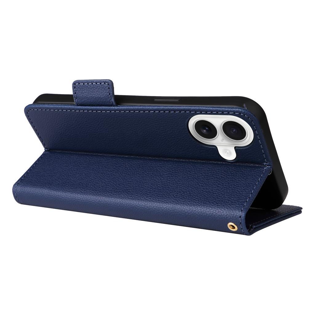 For iPhone 16 Plus Case with Wrist Strap Litchi Texture PU Leather Wallet Phone Cover