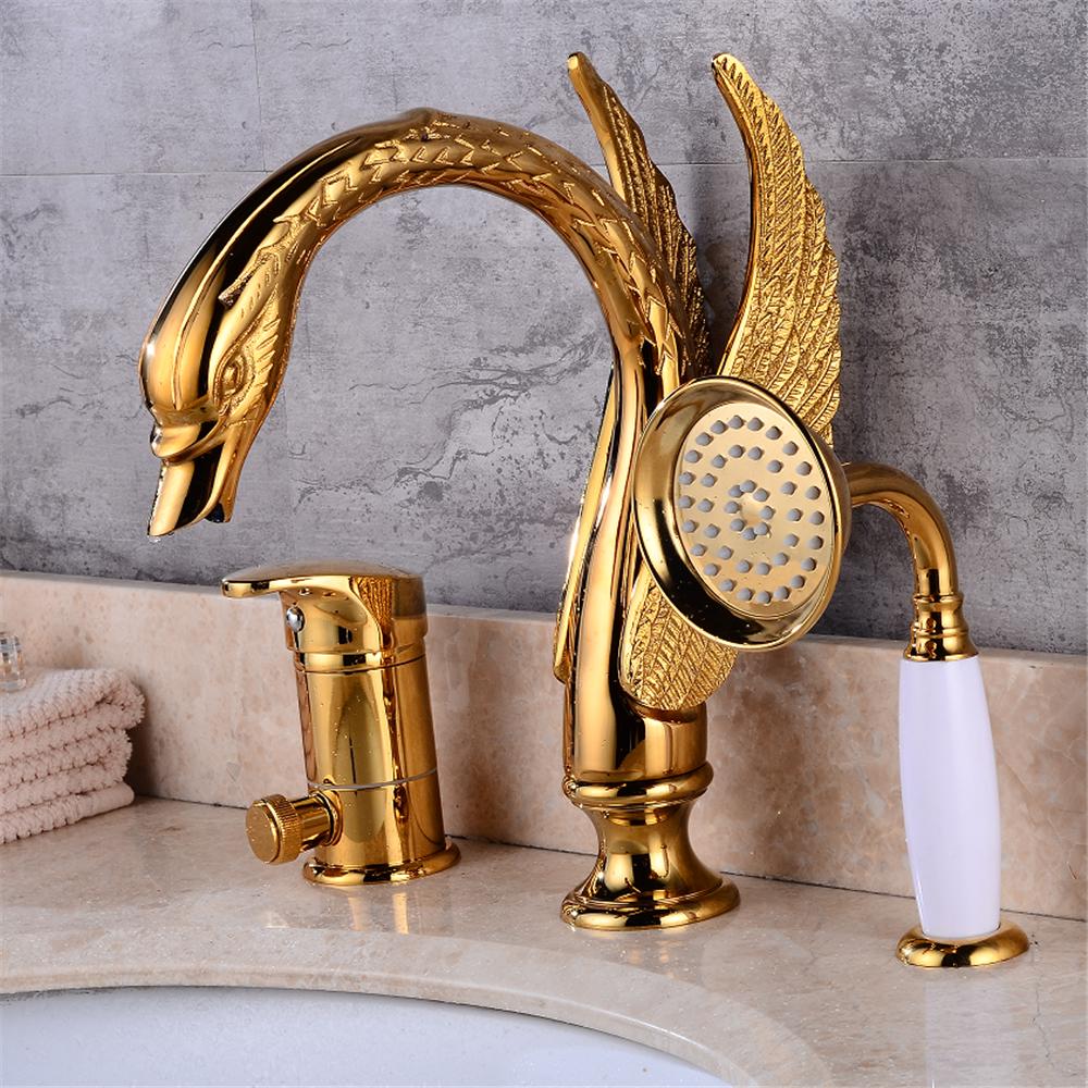 Tuqiu Gold Brass Swan Basin Faucet with Shower Head Bathroom Faucet Sink Mixer Tap Widespread Lavotory Faucet Sink Mixer