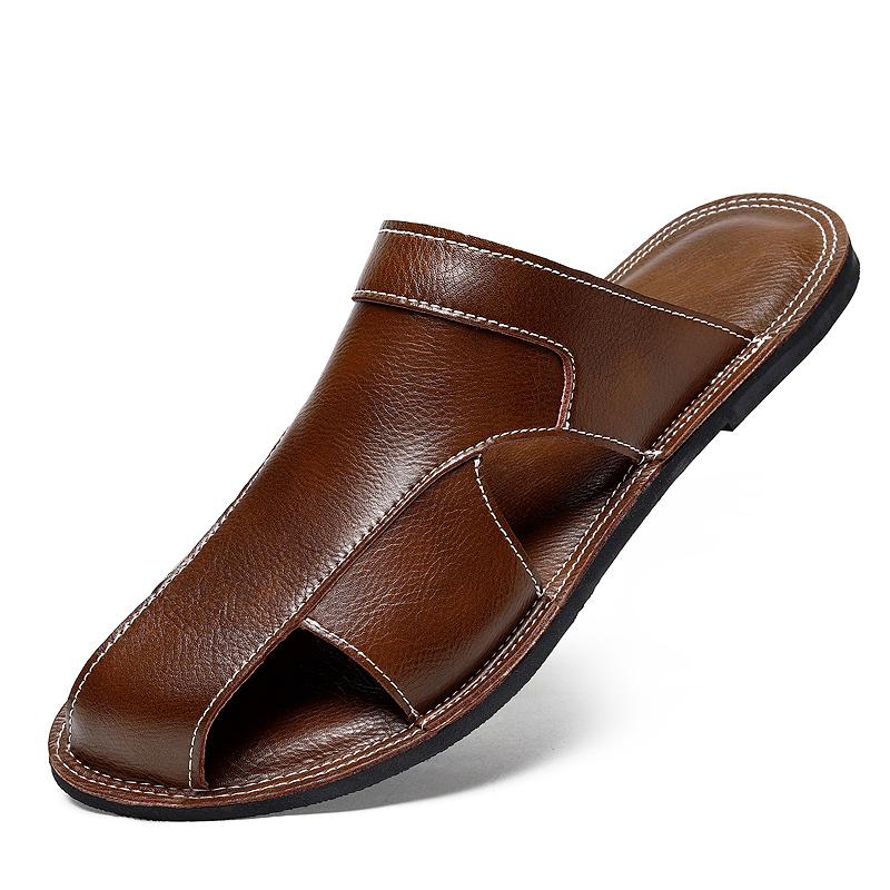 Outdoor Casual Men's Slippers Plus Size Soft Sole Breathable Summer New Style Beach Shoes Leather Large Size Soft Bottom Sandals