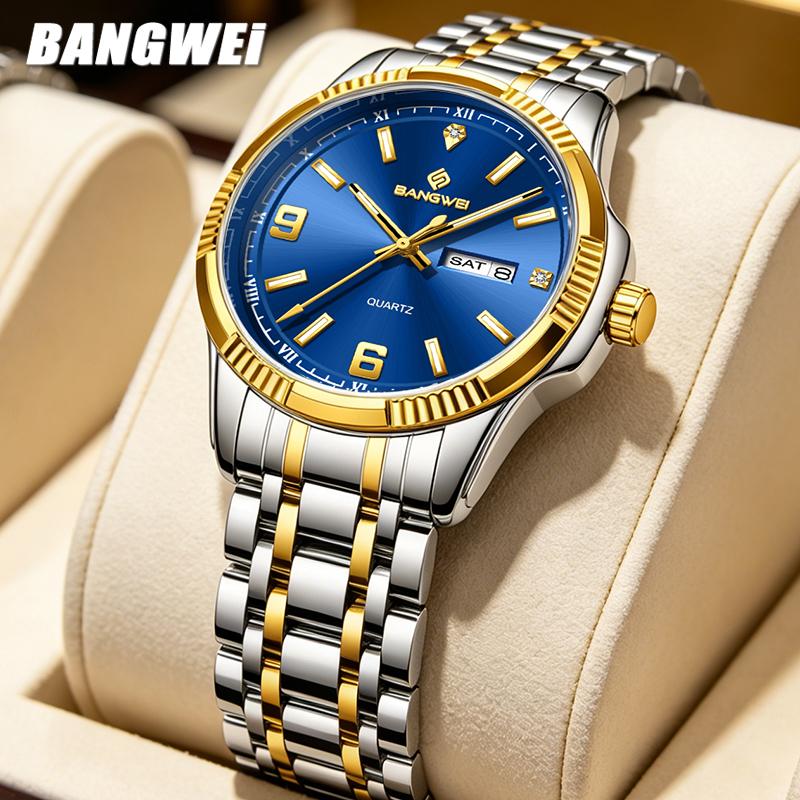 Fashion LIGE Top Luxury Watches Men BANGWEI Gold Quartz Wristwatches Life Waterproof Luminous Steel Mens Watches Gift Reloj