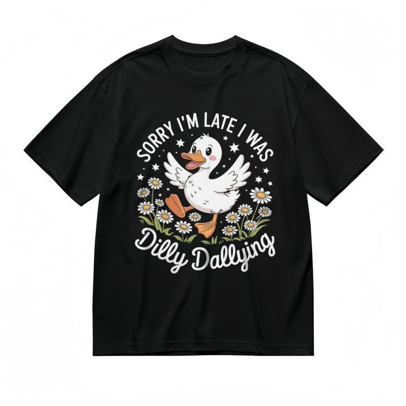 Women's Fashion Comfy Classic T-Shirt Smiling Duck Flower Design Dilly Dally Tee