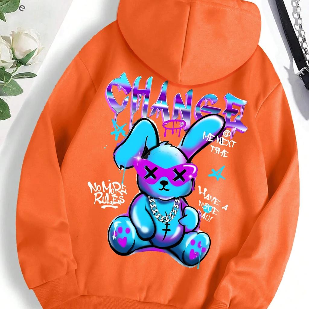 Модный свитшот с принтом в виде кролика и мультфильмов, женская мода, универсальная уличная толстовка с круглым вырезом, повседневные толстовки с капюшоном, пуловер, одежда больших размеров